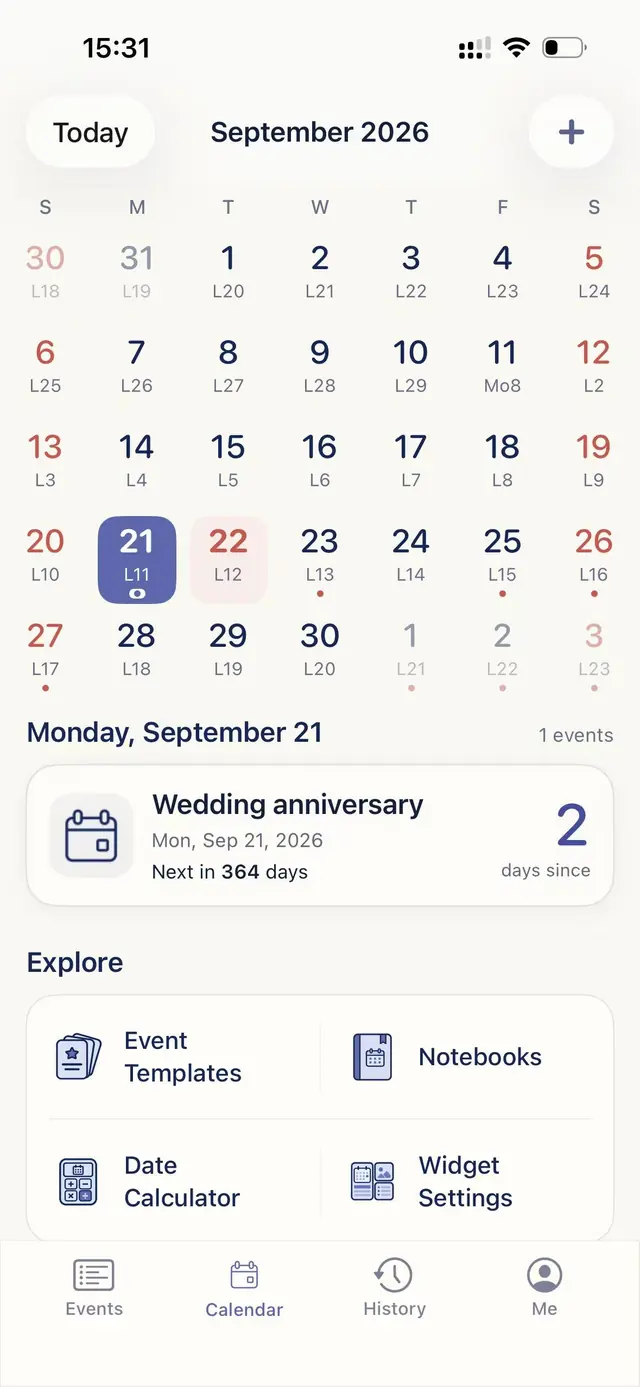 DueMark calendar interface showing anniversaries and events by month
